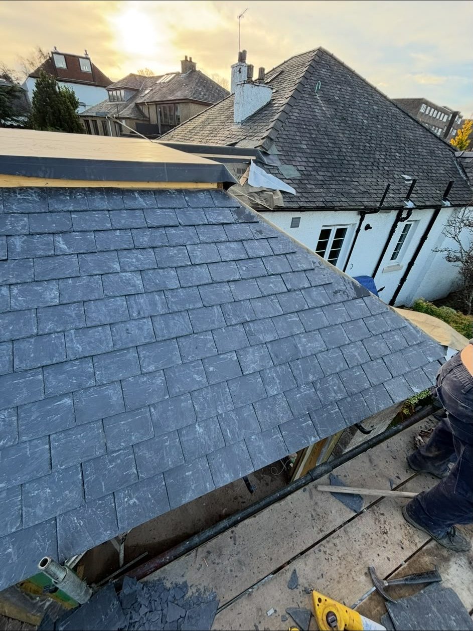 Freshly slated roof on a bungalow extension, Edinburgh